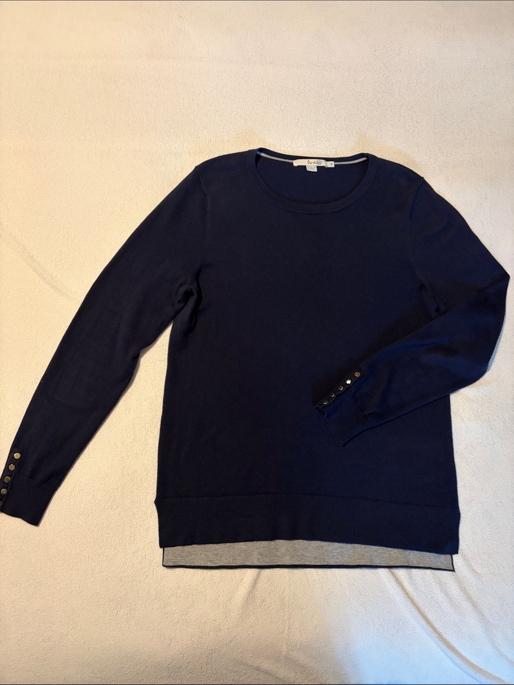 Boden Long Sleeve Navy Blue sweater w gold button cuffs, sz M